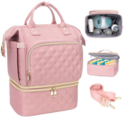 Image of printe Breast Pump Bag Backpack with Detachable Breast Milk Cooler Double Layer Pumping Bags Fits Spectra S1, S2 Medela for Working Nursing Mom Daycare, Work, Travel, Pink