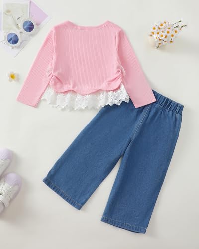 Image of Kucnuzki Toddler Baby Girl Clothes Long sleeve Fall Winter Shirt Tops Baggy Jeans Pants Set Kids Girls Outfits 2 Piece