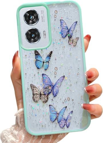 Image of VONZEE for Moto Edge 50 Fusion /Moto G96 Clear Glitter Butterfly Case, Cute Bling Sparkle Shiny Soft Silicone TPU Bumper Shockproof Women Girls Slim Phone Cover for Moto Edge 50 Fusion, Mint