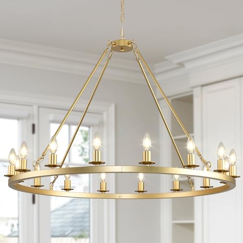 HermnJakk Large Gold Wagon Wheel Chandelier 40-Inch 16-Light,Extra Large Round Rustic Farmhouse...
