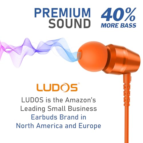 Image of LUDOS OMNITONE Wired Earbuds in-Ear Headphones, 5 Year Warranty, Earphones with Microphone, 3.5 mm Jack Corded Ear Buds, Videoconference for iPhone, Samsung, Laptop, Kids, School Students - Orange