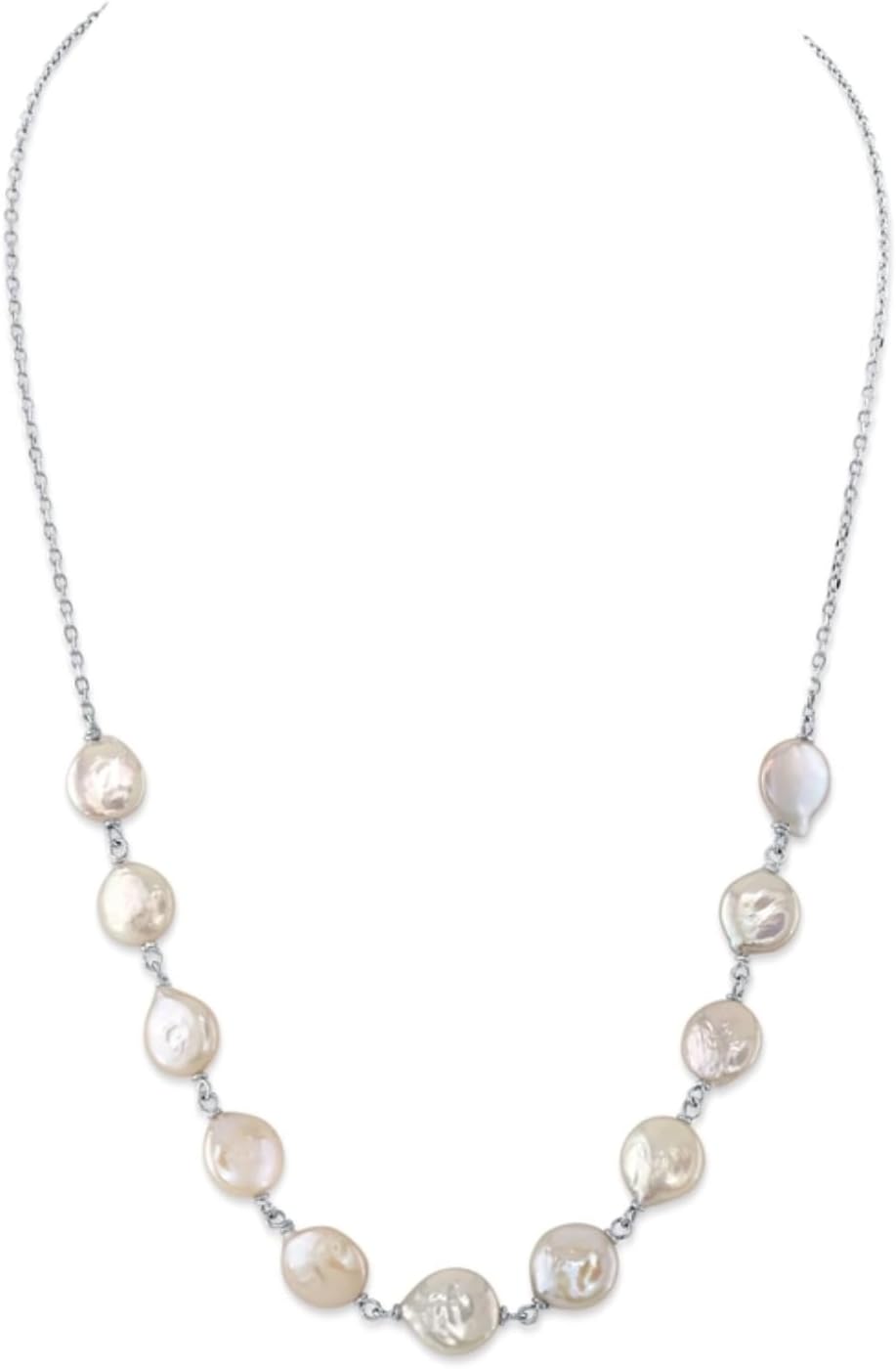 The Pearl Source White Freshwater Cultured Coin Pearl Emery 18in Necklace for Women, 8.5-9.5mm Pearl Size, Premium AAA Quality, 925 Sterling Silver or Yellow Gold Plated Chain