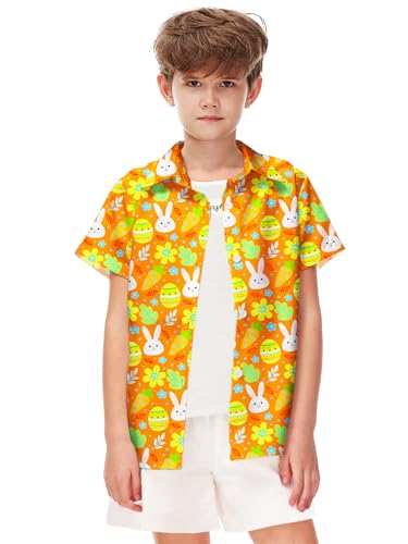 Image of Remimi Unisex Kids 4th of July Button Up Shirt Boys American Flag Print Hawaiian Beach Short Sleeve Tops 5-14 Years
