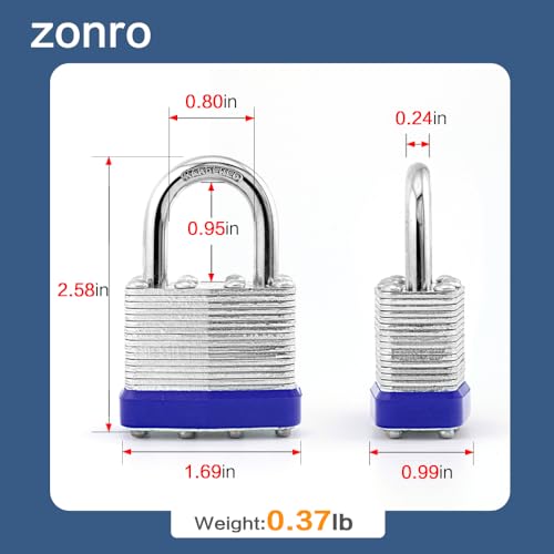 Image of ZonRo Locks Laminated Steel Keyed Padlocks,Keyed Alike Locks, 1-9 /16 inch Wide,Normal Shackle Padlocks, Pack of 6,Blue Hoop, for Hasp Latch, Sheds, Fences, Storage Locker, School, Gym