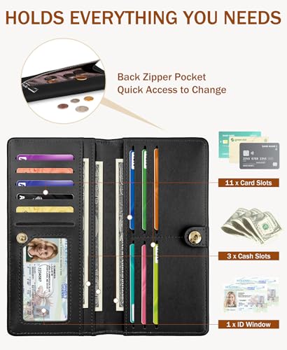 Image of Immaturus Womens Wallet, Blue Black Slim Thin RFID Blocking Credit Card Wallets, Long Bifold PU Leather Card Holder Organizer, Cute Cash Clutch Billfold with Zipper Coin Pocket Ladies Girls Gift