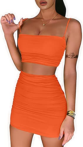 2-teiliges Damen-Outfits, Spaghettiträger, gerüscht, bauchfrei, Sommer, figurbetont, kurzer Minirock, Kleid-Set, Clubwear, neon-orange, M