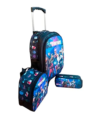 Kit Mochila Infantil com Rodinhas + Lancheira Térmica + Estojo Vários Personagens (Único, Fortnite)