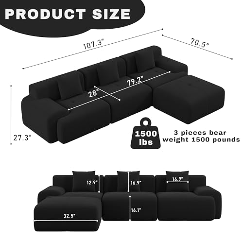 Image of 107 inch Cloud Modular Sectional Couch,Boneless Sofa with Ottman,L-Shape Upholstered Sofas with Deep Seat,Modern Cozy Corduroy Couches with Memory Foam,No Assembly Required (Black)