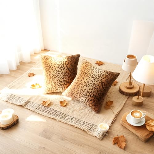 Image of Faux Fur Throw Pillows, Set of 2 Decorative Square Couch Pillow Covers, Leopard Cheetah Print Luxury Soft Plush Animal Pillowcase for Sofa, Bedroom Living Room Decor, 18x18, Brown