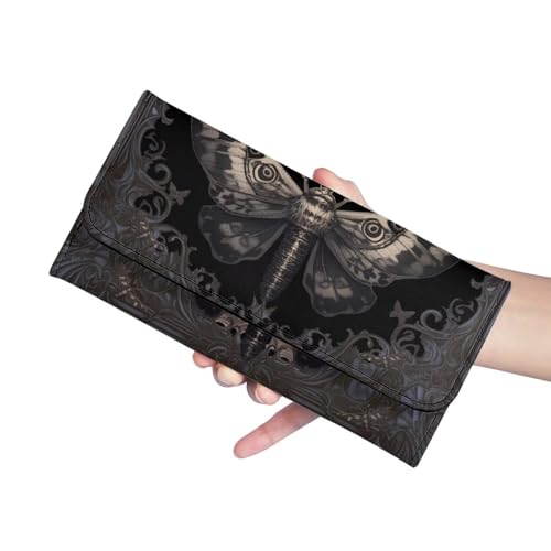 Goth Moth Purse Black PU Leather Slim Wallet for Women, Gothic Floral Long Trifold Clutch Checkbook Wallets with Zipper Pocket, Vintage Victorian Purse Credit Card Holder3