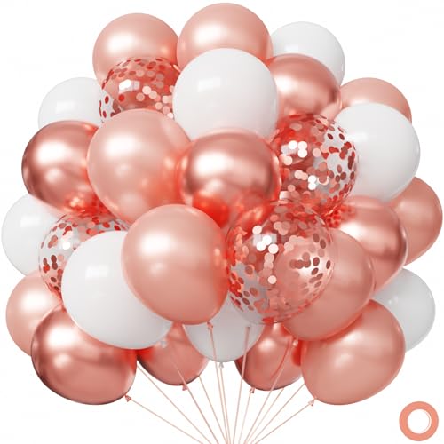 Image of Hiquaty Rose Gold Balloons,60pcs Rose Gold and White Balloons 12 Inch,Rose Gold Ribbon for New Year Wedding Bridal Shower Party Decorations
