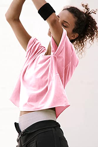 Image of HUGOOME Womens Oversized Workout Crop Top Casual Short Sleeve Boxy Roll Hem