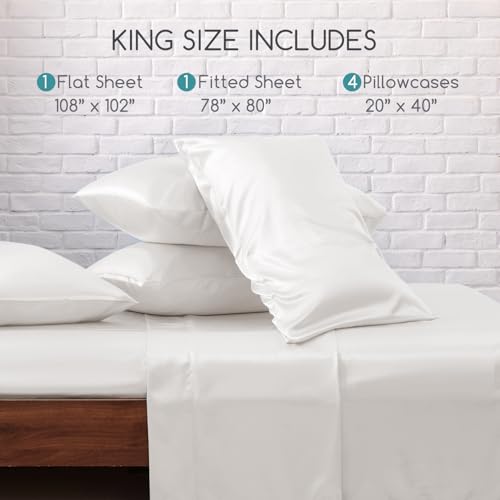 Image of MR&HM Satin Bed Sheets, King Size Sheets Set, 6 Pcs Silky Bedding Set with 15 Inches Deep Pocket for Mattress (King, Ivory)