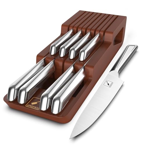imarku Knife Set, 10 PCS Japanese Stainless Steel Knife Block Set, Kitchen Knife Sets with Wooden Drawer Organizer, Drawer Knife Set,Dishwasher Safe,