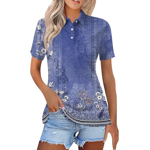 OCCSIK Womens Summer Tops Dressy Casual Camisas Con Cuello para Mujer Fashion Lapel Short Sleeve Summer Tops Print Polo Collar Blouses Button Casual Tshirts Xx-Large 05-Blue