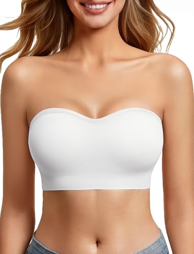 Strapless Bras for Women Non-Slip Bandeau Bra Push Up Invisible Bralettes Seamless Wireless No Underwire Padded Tube Top Bra White M