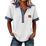 Women Summer Oversized Short Sleeve Shirt 2 in 1 Denim Panel Lapel V Neck Patchwork Tops Casual Loose Button Blouse