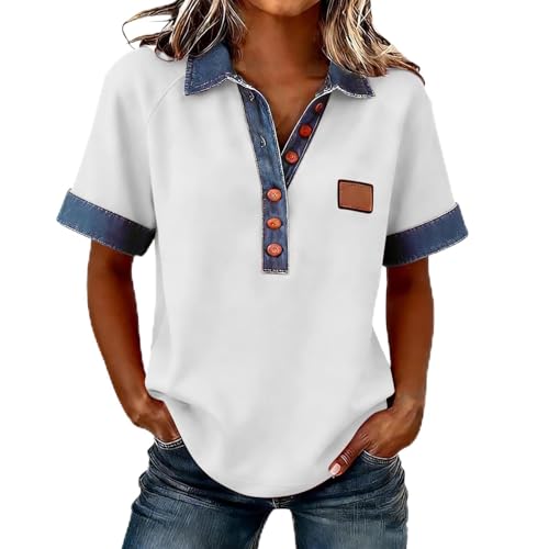 Women Summer Oversized Short Sleeve Shirt 2 in 1 Denim Panel Lapel V Neck Patchwork Tops Casual Loose Button Blouse