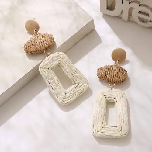 Image of Handmade Raffia Hoop Earrings Statement Tropical Bohemian Straw Dangle Earrings Natural Rattan Vacation Style Round Earrings for Women Summer Beach Party Essential Jewelry