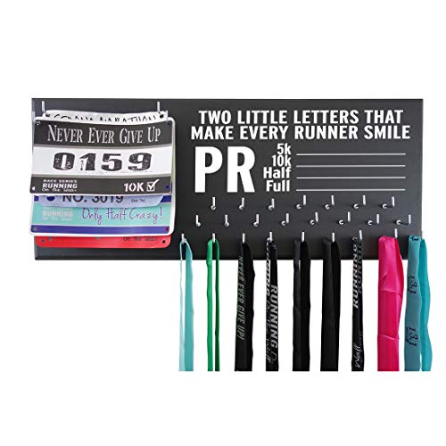 Race bib and medal display - TWO LITTLE LETTERS THAT MAKE EVER RUNNER SMILE - PR - 5k, 10k, half & full marathon distance chalk board eraser to keep track of your PR - Gift for runners