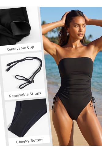 Image of Yonique Women Strapless One Piece Swimsuit Tummy Control Bandeau Bathing Suit Cheeky Swimwear