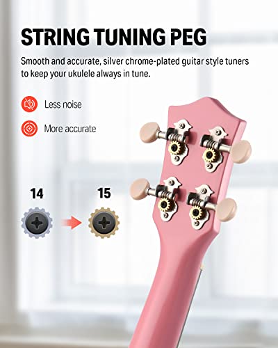Image of Donner Soprano Ukulele for Beginners 21 Inch Ukelele Starter Bundle Kit with Free Online Lessons Bag Strap String Tuner Picks Cloth Ukalalee Yukalalee (Pink)