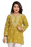 Ada Indian Hand Embroidered Latest Chikankari Women's Cotton Top Tunic Shirt Kurti A210717, Mehndi Green, 3X-Large