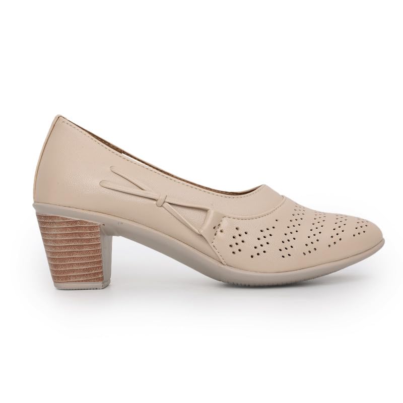 Padchin Women Round Toe Block Heel Cream Pumps | Formal and Casual Fashion sandal with Stiletto Heels | Comfortable Casual and Formal Shoes | Stylish and Fashionable Ladies Pump Shoe for Daily Use 2