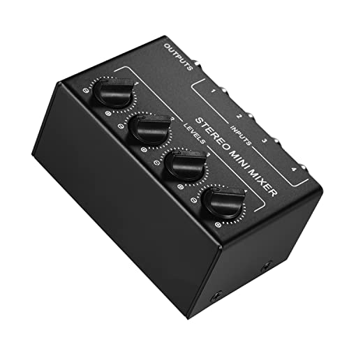 Fesjoy Mezclador de sonido Mini Mezclador de audio estéreo con entradas RCA de 4 canales Controles...