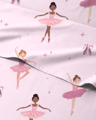 Image of Kids Full Size Ballerina Bed Sheets - 4 Piece Kids Ballerina Sheet Set - Ballet Dance Bedding - Ultra-Soft, Cute & Cozy - Breathable & Machine Washable - Pink Bed Set for Boys, Girls, Teens & Toddlers
