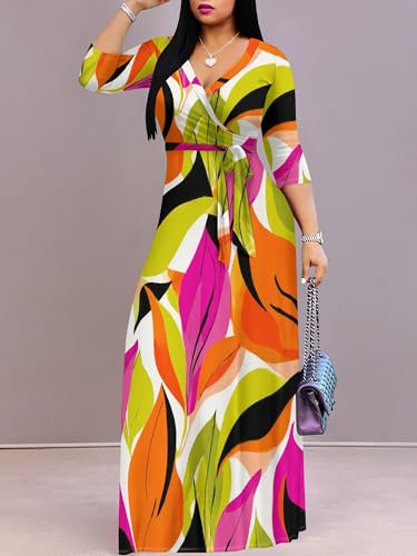 Image of Plus Size Maxi Dress for Women V Neck 3 /4 Sleeve Wrap Dress