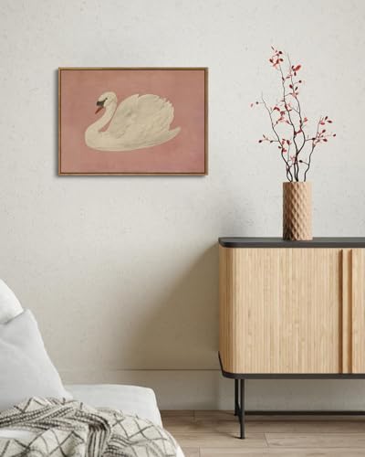 Image of KISSFOX Framed Wall Art Vintage Wall Decor Pink Swan Pictures Retro Animal Canvas Art Rustic Aesthetic Paintings Farmhouse Artwork For Bedroom Living Room Kitchen