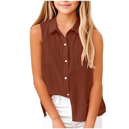 Sleeveless Shirts for Girls Dressy Casual Summer Blouses Kids Fashion Cotton Linen Elegant Formal Tank Tops T-Shirts