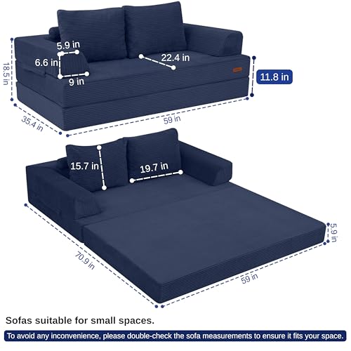 Image of COMAX Futon Sofa Bed, Convertible Sofa Bed, Folding Boneless Couches | Boneless Couch for living room, 4‑in‑1 Fold Out Small Foldable Loveseat Floor Sleeper Mattress Lounge Space‑Saving, Navy