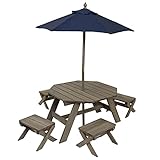 KidKraft Wooden Octagon Table, Stools & Umbrella Set, Kids’ Outdoor Furniture, Barnwood Gray & Navy, Gift for Ages 3-8, Amazon Exclusive