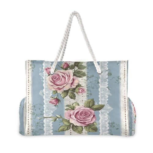 Striped Polka Dot Pattern with Roses (2) Beach Bag & Travel Tote Bag Large Sandproof with Zipper Closure, Wet Pouch for Swim Gym Travel, Lightweight Foldable Outdoor Bag2