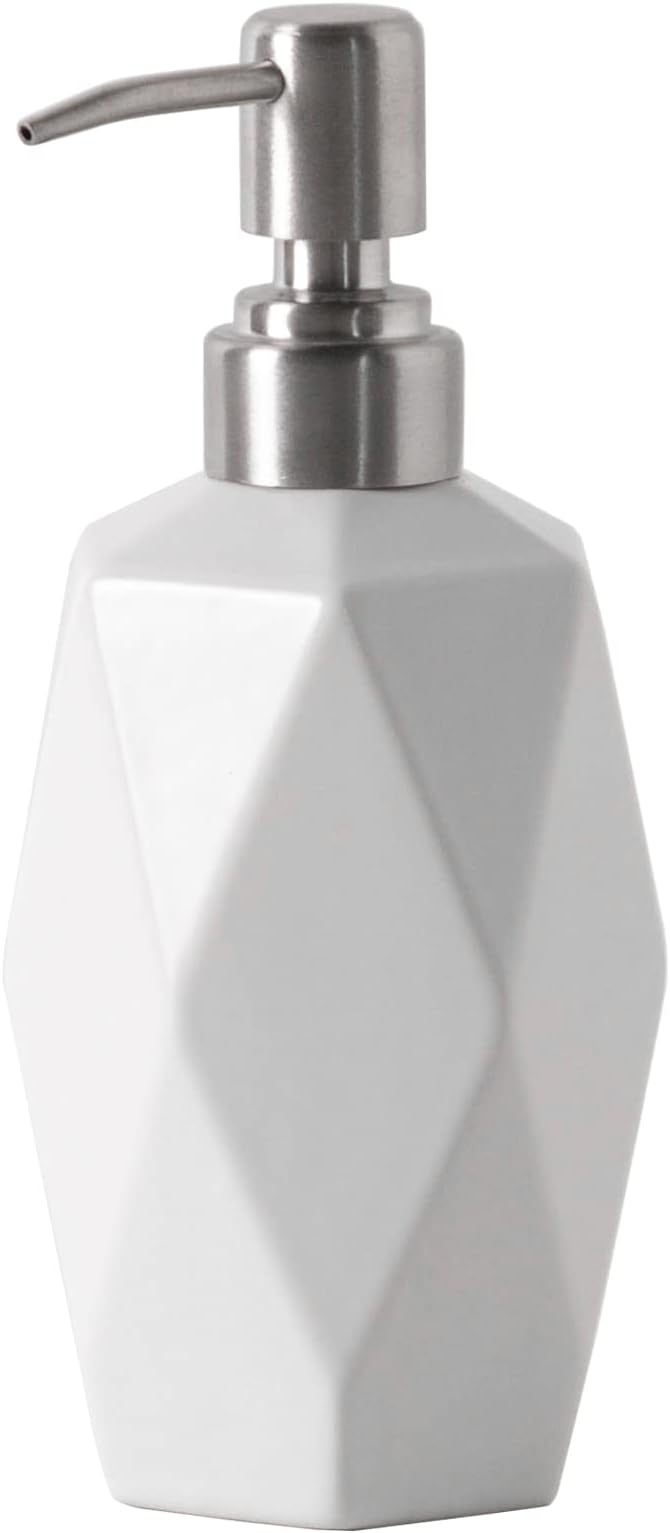 FE FUN ELEMENTSSoap Dispenser, 400ml/13.5oz Ceramic Rhombus Lotion Dispenser, Dish Soap Dispenser for Kitchen, Bathroom and Washroom (White)