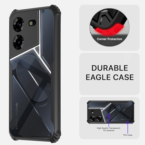 Image of Pikkme Tecno Pova 5 / Tecno Pova 5 Pro 5G Back Cover | Crystal Clear Transparent Back | Ultra Hyrbid | Full Camera Protection | Raised Edge | Bumper Back Case (Black)