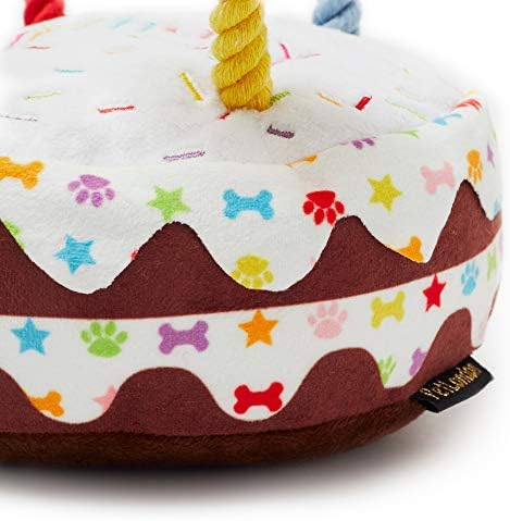 Pet London Dog Birthday Cake Squeaky Soft Plush Toy with Rope Candles in Fun Happy Bright Colours - Celebrate Your Dog's Happy Birthday - Plush Rainbow Pattern Dog Party Bday or Adoption Gift (Large)