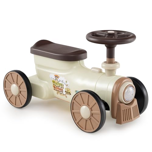 Image of COSTWAY Ride on Car, Toddler Foot to Floor Sliding Walker with Train Whistle Sound, Steering Wheel, Under-seat Storage, Push Along Cars for 19-36 Months (Beige)