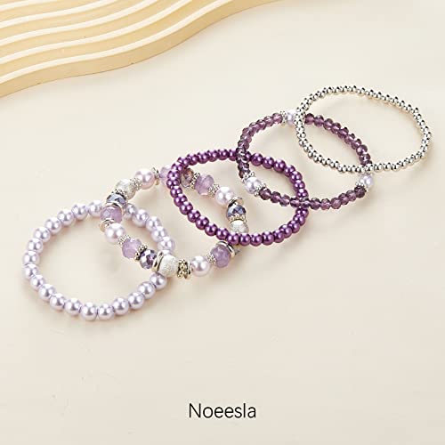 Noessla Beaded Pearl Stretch Bracelet Silver Stackable Crystal Beads Bracelets Trendy Costume Jewelry Mothers Day Gifts For Women(Purple) #TOP1