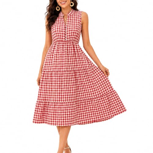 Image of BROVAVE Womens 2026 Summer Sleeveless Shirt Dress Collar Striped V Neck Casual Midi Dresses