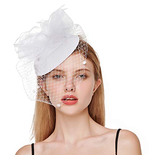 C.Garopl Women Fascinators Hat Hair Clip Wedding Cocktail Headband Tea Party Feather Flower Pillbox Hat with Veil (399-White)