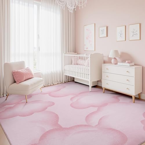 Pink Cute 8x10 Area Rugs for Nursery Playroom Soft Rugs for Living Room Bedroom Dining Room Washable Non Slip Cozy Neutral Rug for Kids Baby Girl Princess Toddler Pink-clouds 8' x 10' (Recta