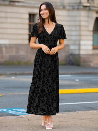 Image of Simplee Women's Velvet Maxi Dress V Neck Short Sleeve Empire Waist Semi Formal Long Cocktail Dresses