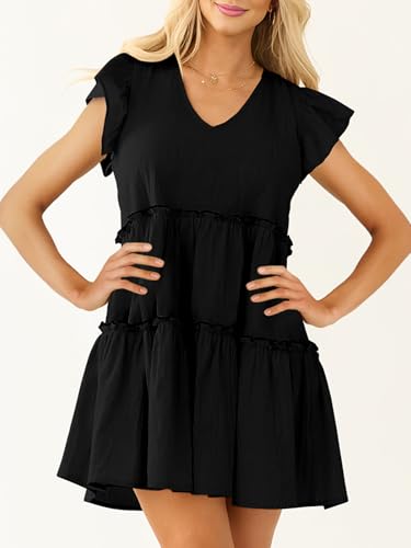Women’s Summer Babydoll Mini Dress V Neck Tie Back Ruffle Sleeve Casual Tiered Loose Flowy Swing Tunic Shift Dress4