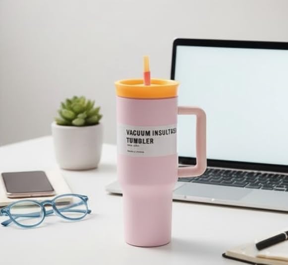 Image of HomeCloud 1200ml Insulated Coffee Tumbler with Lid - Double Wall Travel Mug for Hot & Cold Drinks, Leak-Proof, Durable, Portable, Stylish Stainless Steel Design (Pink with Orange Lid)