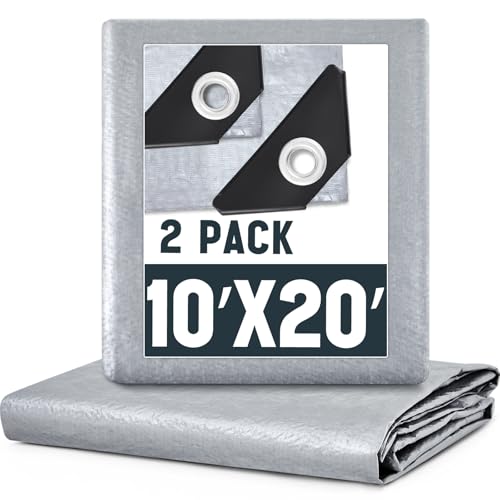 Image of 2 Pack Silver Tarps 10 x 20 ft, 5.5 Mil Waterproof Reflective Tarp, UV Resistant Sun Shade Tarps, Heavy Duty Roof Tarp for Roof Protection, Boat Cover, RV Cover, Car, Patio Furniture, Camping