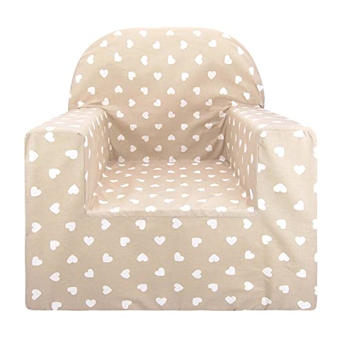 Poltroncina Bimbi Babysanity Grandi Dimensioni 52x40x57 cm Poltrona Bambini con Rivestimento 100% Cotone Sfoderabile Alta Densità - Made in Italy - (Kid's Sofa Cuori Beige)