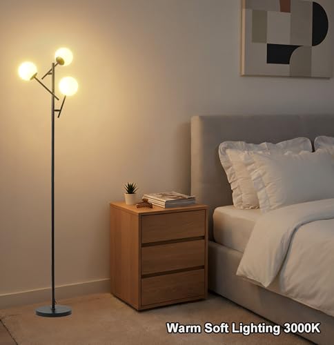 Image of Fiqevs 3 Globe Floor Lamp for Living Room, Swing Arms Standing Tree Lamp | 3000K Warm White Light, 3 LED Bulbs Included, Adjustable Orb Glass Shade Mid Modern Lamp for Bedroom /Office, Matt Black